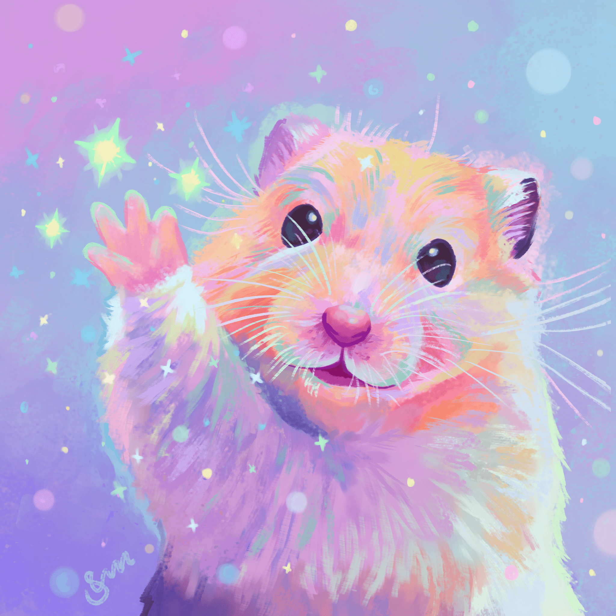 Hámster ilustrado con suerte y elementos mágicos, estilo pastel